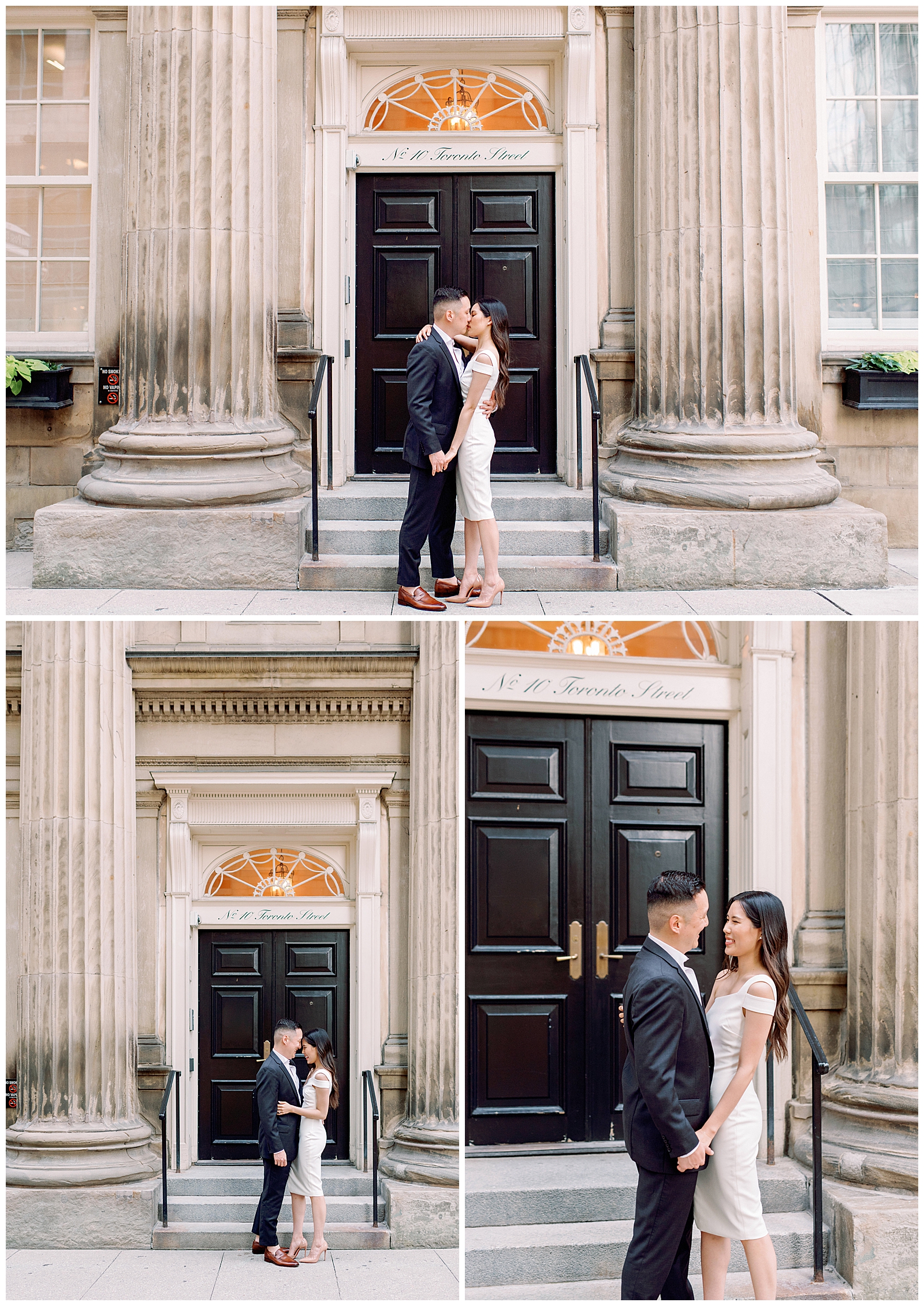 Downtown Toronto Financial District Engagement Session Modern Chic Timeless Couple Embracing in Front of Beautiful Door | Toronto Wedding Photography Jacqueline James Photography