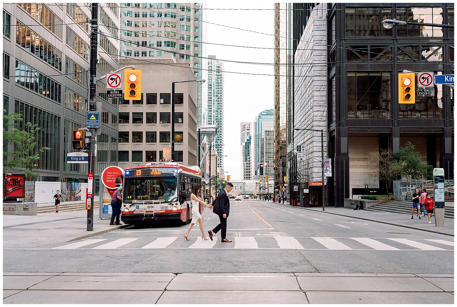 Downtown Toronto Financial District Engagement Session Modern Editorial Timeless Couple Walking | Toronto Wedding Photography Jacqueline James Photography