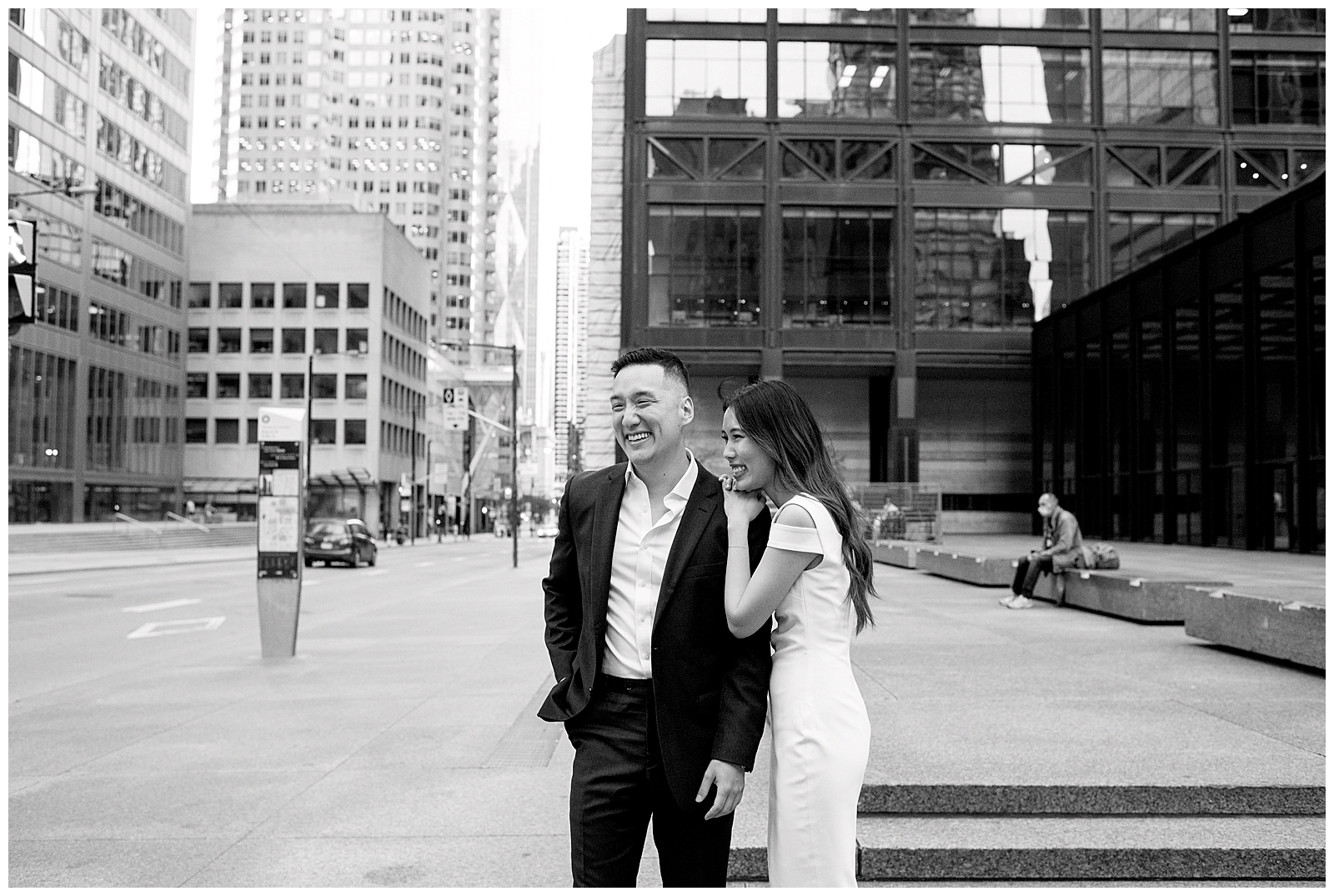 Downtown Toronto Financial District Engagement Session Modern Editorial Timeless Couple Candid Laughter Moment | Toronto Wedding Photography Jacqueline James Photography