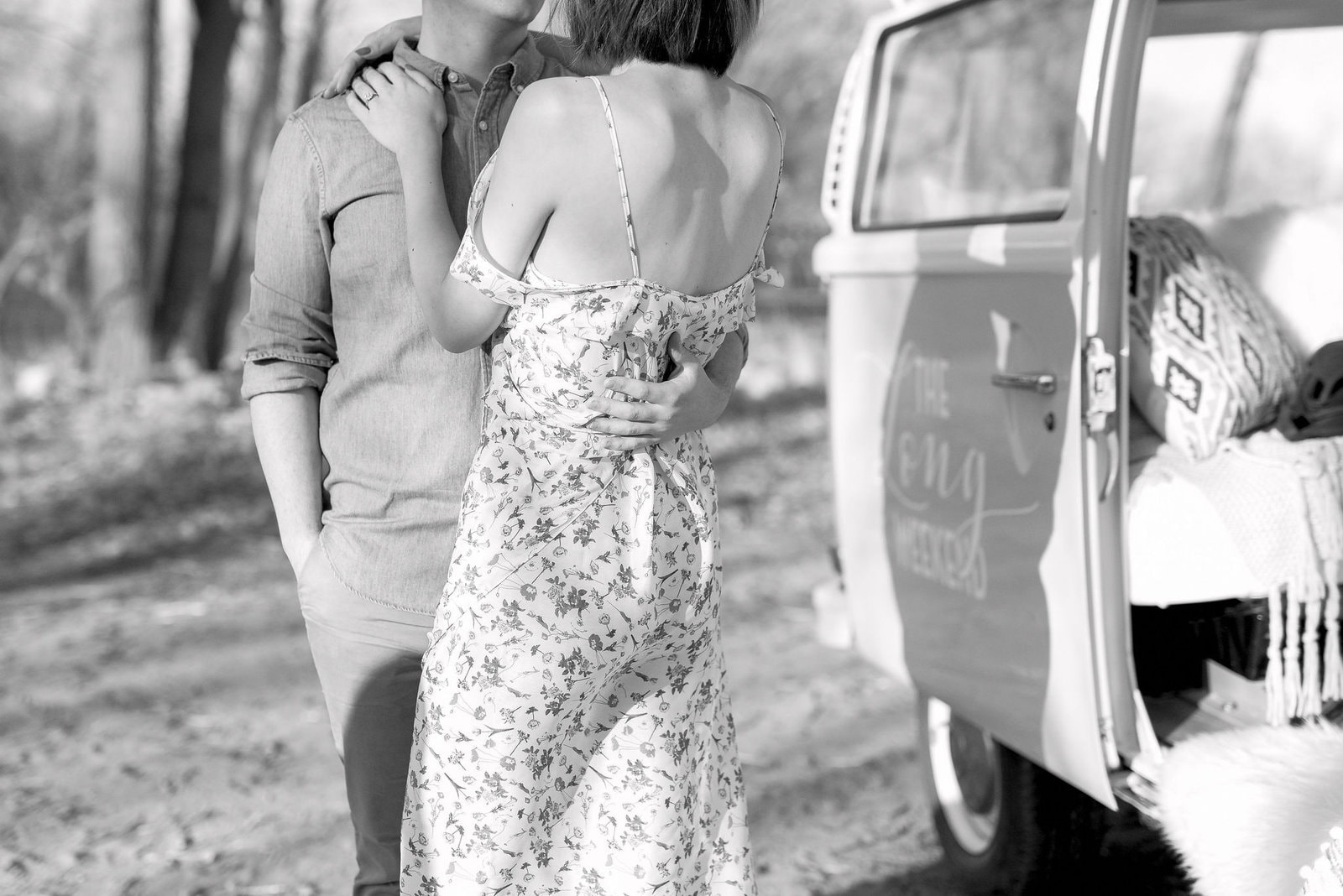 couples embrace at cherry beach toronto engagement withwendy sewing youtube volkswagen camper van jacqueline james photography