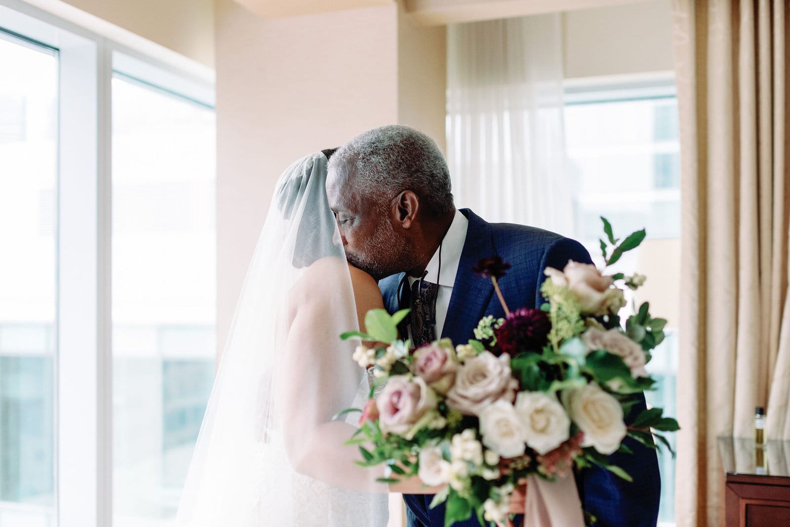 emotional father embraces bride on wedding day first look daughter featured by martha stewart weddings steam whistle wedding toronto wedding venue jacqueline james photography