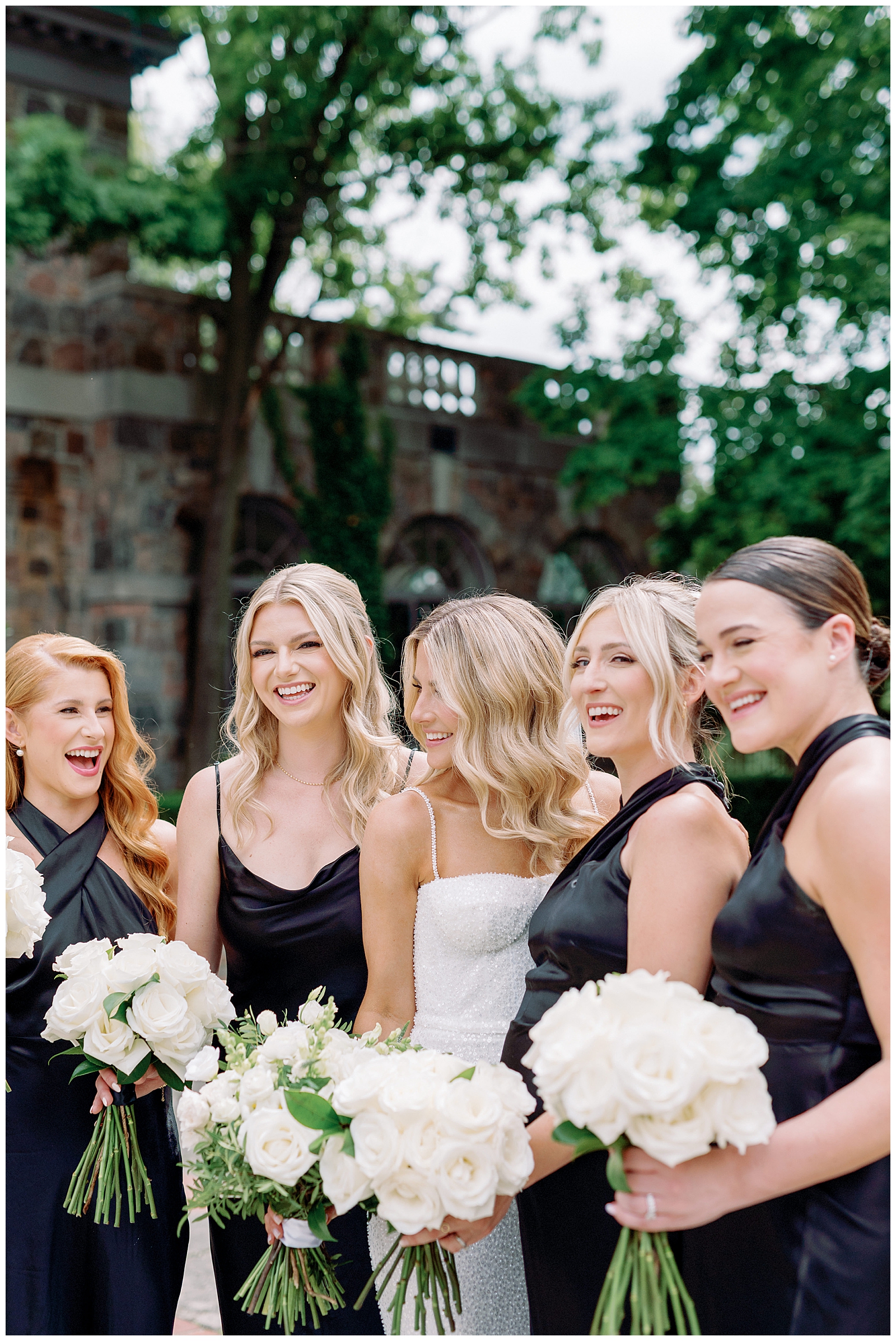 Editorial Beautiful Bridal Party laughing together at Graydon Hall Manor Toronto Elopement