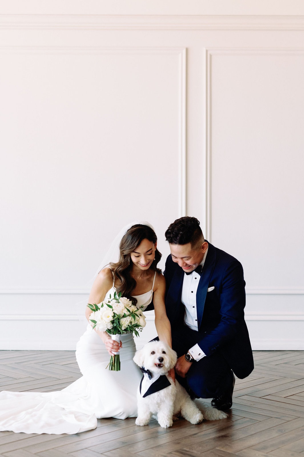 Candid Moment with Dog During Family Photos on Wedding Day Toronto at Arlington Estate Wedding Venue, Modern Romantic Summer Intimate Elopement Jacqueline James Photography