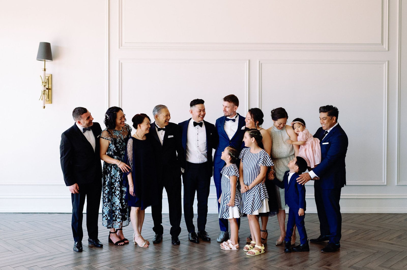 Candid Moment During Family Photos on Wedding Day Toronto at Arlington Estate Wedding Venue, Modern Romantic Summer Intimate Elopement Jacqueline James Photography