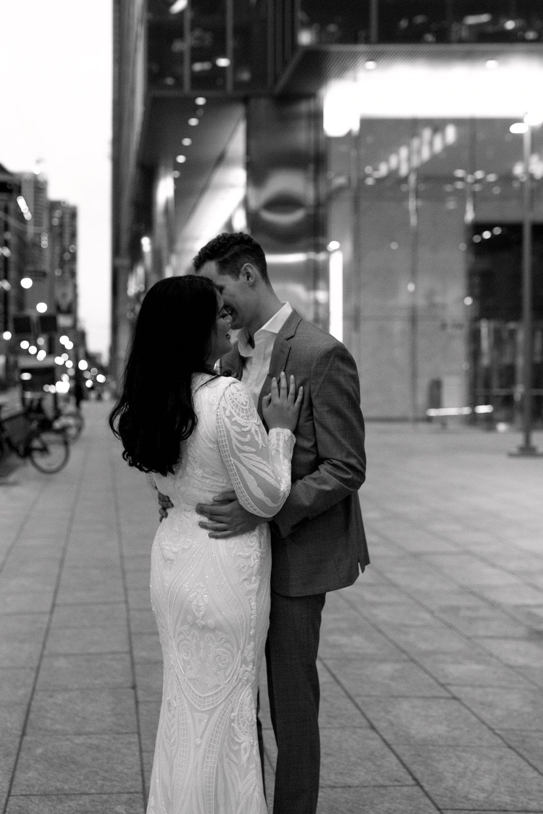 Editorial Couple Embrace Romantic Downtown Toronto engagement photos Financial District Wedding Jacqueline James Photography