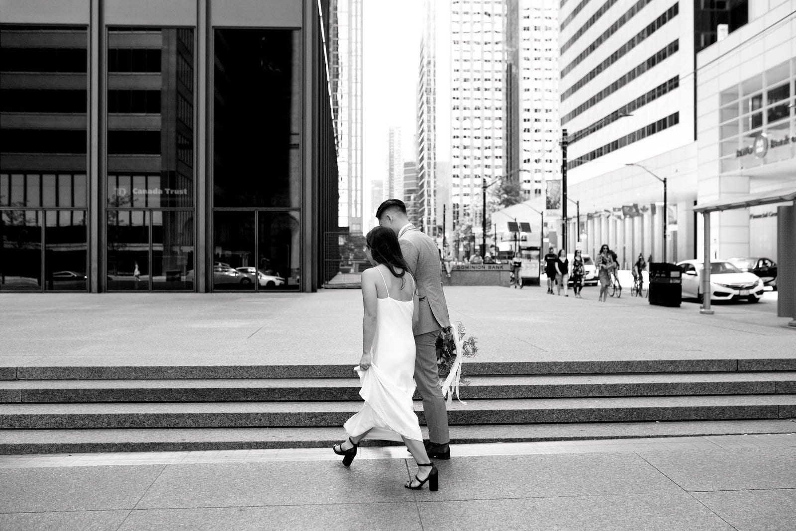 Bride and Groom Editorial Portraits Walking Around Financial District Downtown Toronto Wedding Photographer Jacqueline James Photography