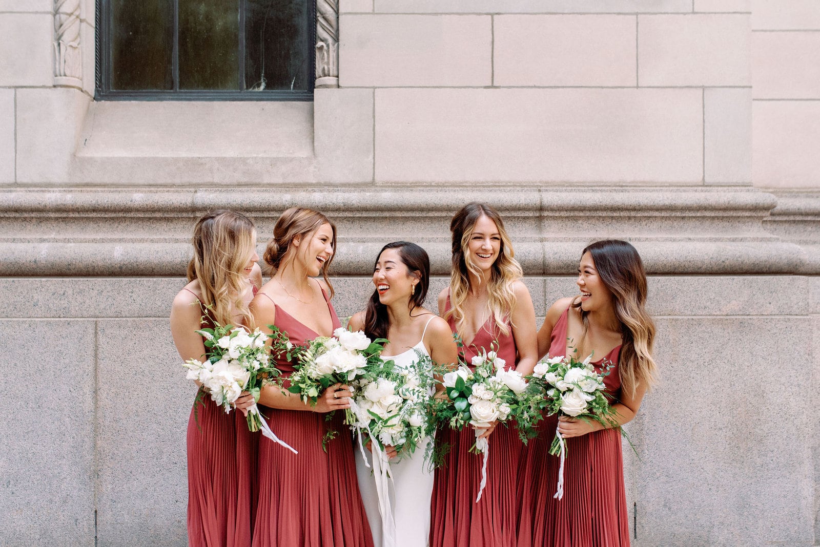 Editorial Bridesmaids Bridal Party wearing Aritzia Dresses in Financial District Downtown Toronto Wedding Photographer Jacqueline James Photography