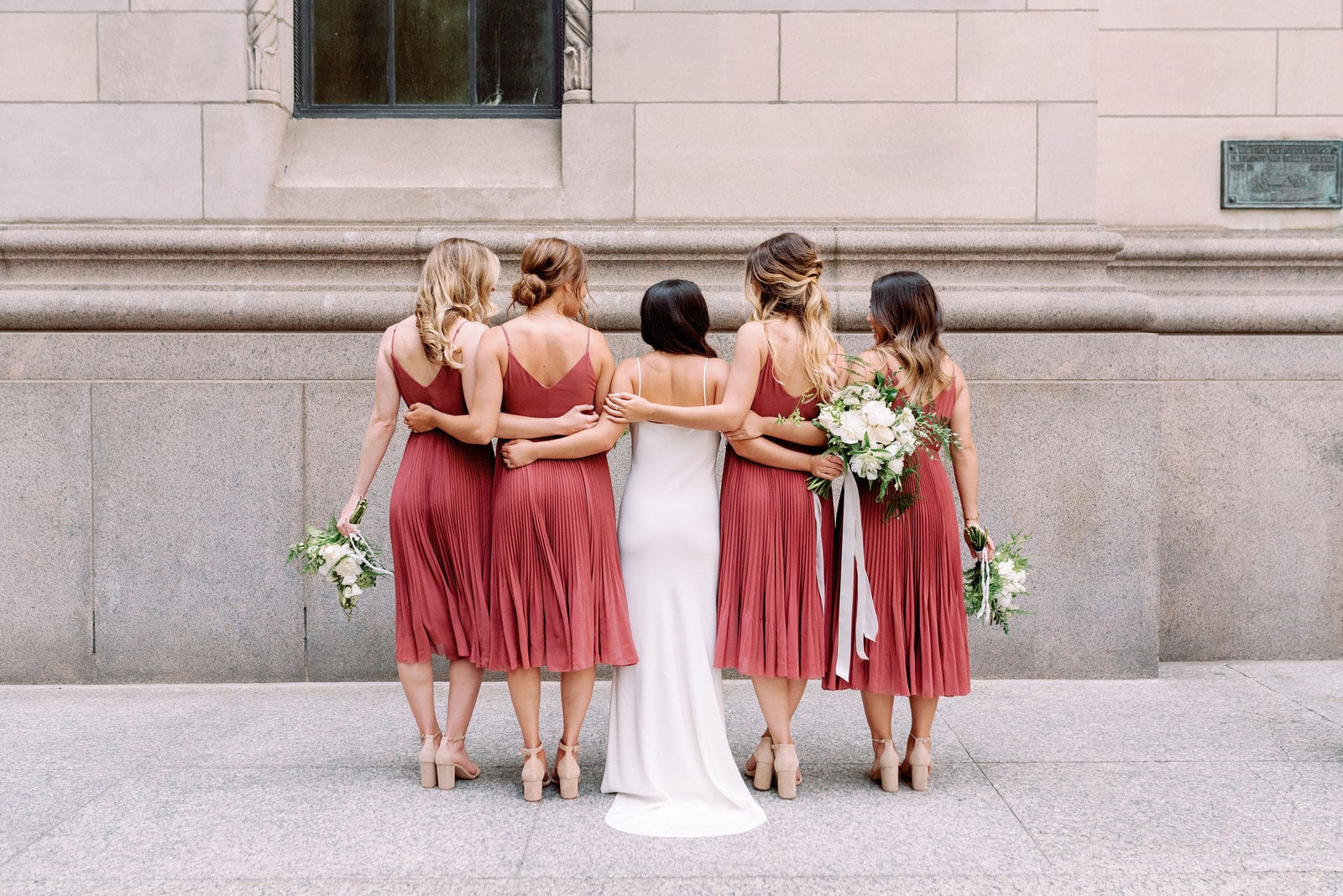 Editorial Bridesmaids Bridal Party wearing Aritzia Dresses in Financial District Downtown Toronto Wedding Photographer Jacqueline James Photography