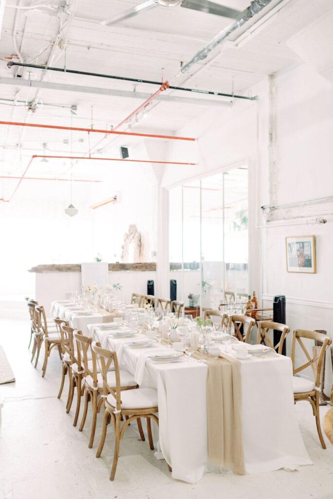 White gold neutrals reception decor details at Lovt Studio Toronto intimate wedding venue Jacqueline James Photography
