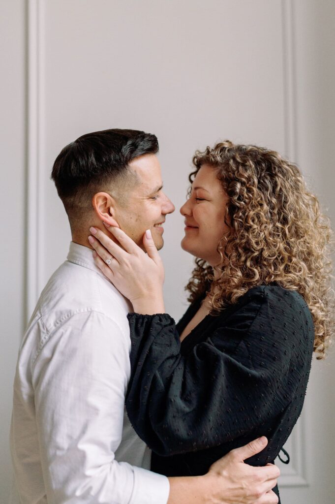 Couple embraces in modern romantic toronto engagement session at Mararamiro Studio editorial engagement session