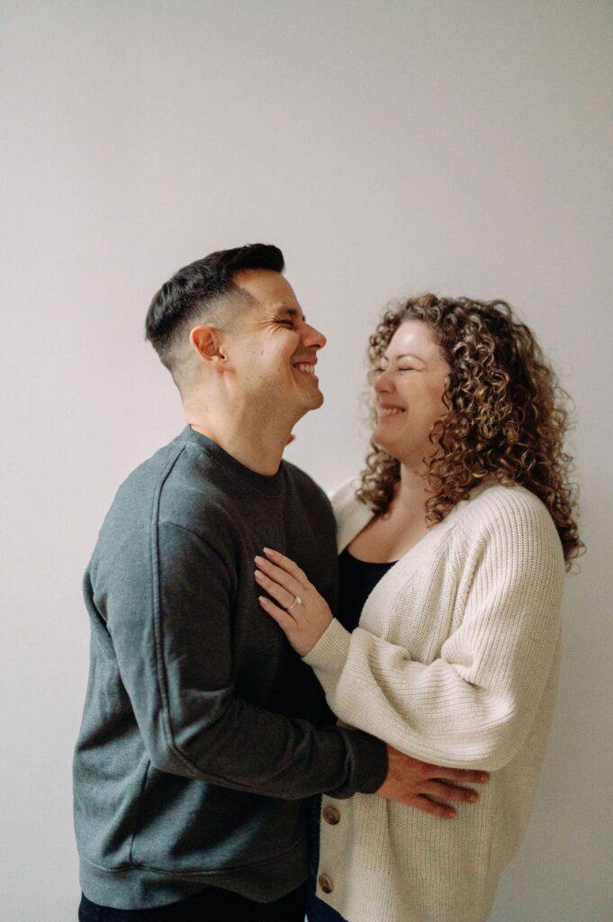 Couple embraces in modern romantic toronto engagement session at Mararamiro Studio editorial engagement session