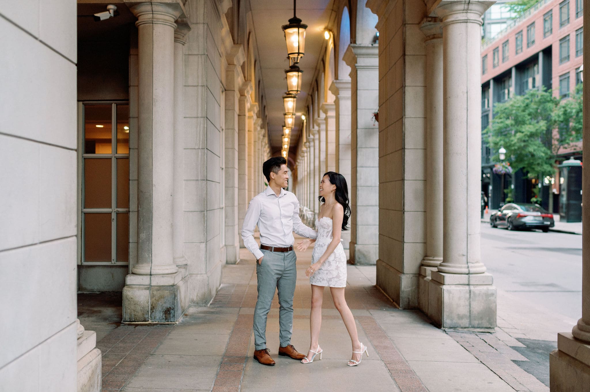 Modern editorial toronto couple romantic engagement photo session esplanade candid moment