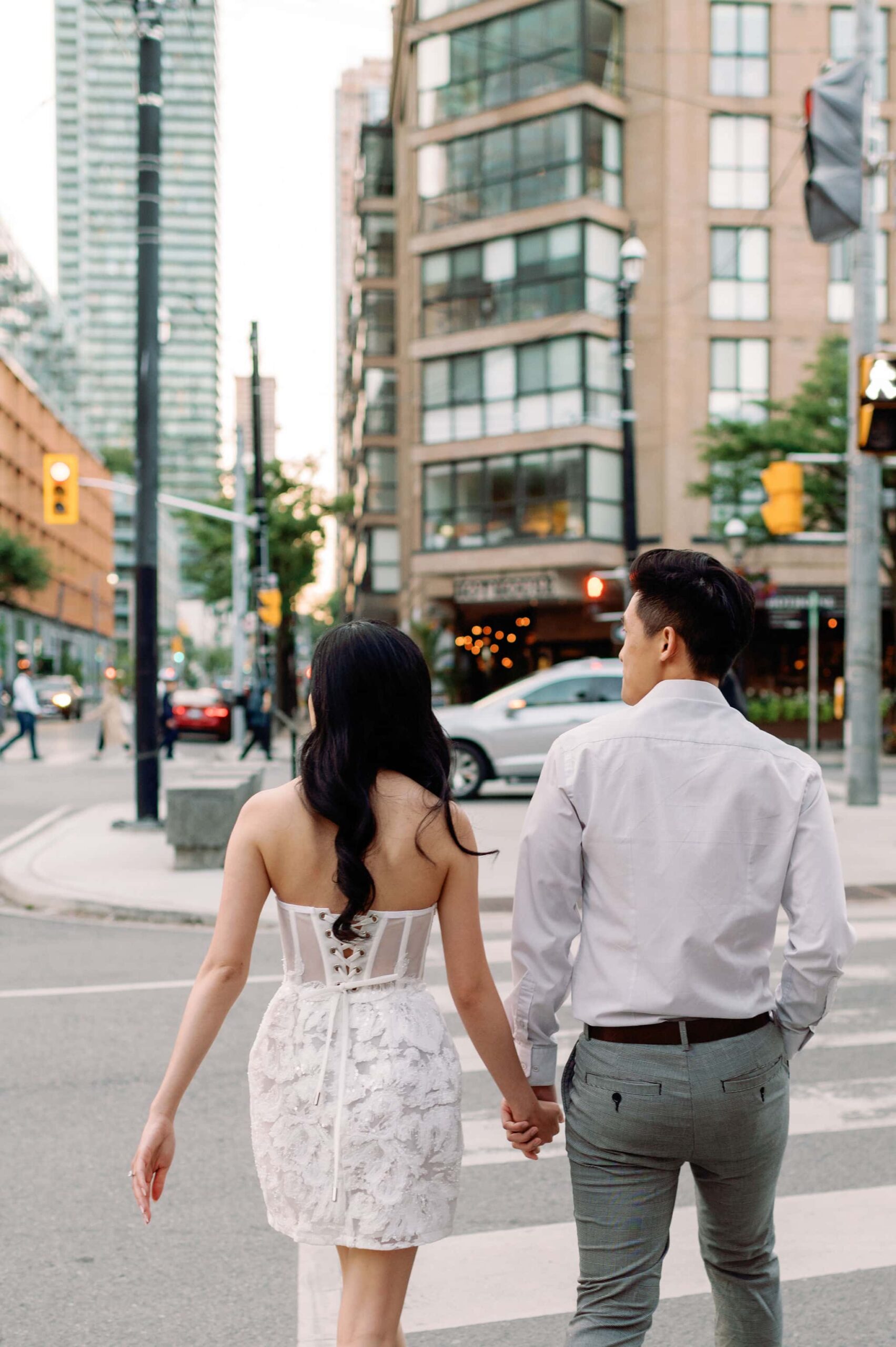 Modern editorial toronto couple romantic engagement photo session esplanade st lawrence market gooderham building