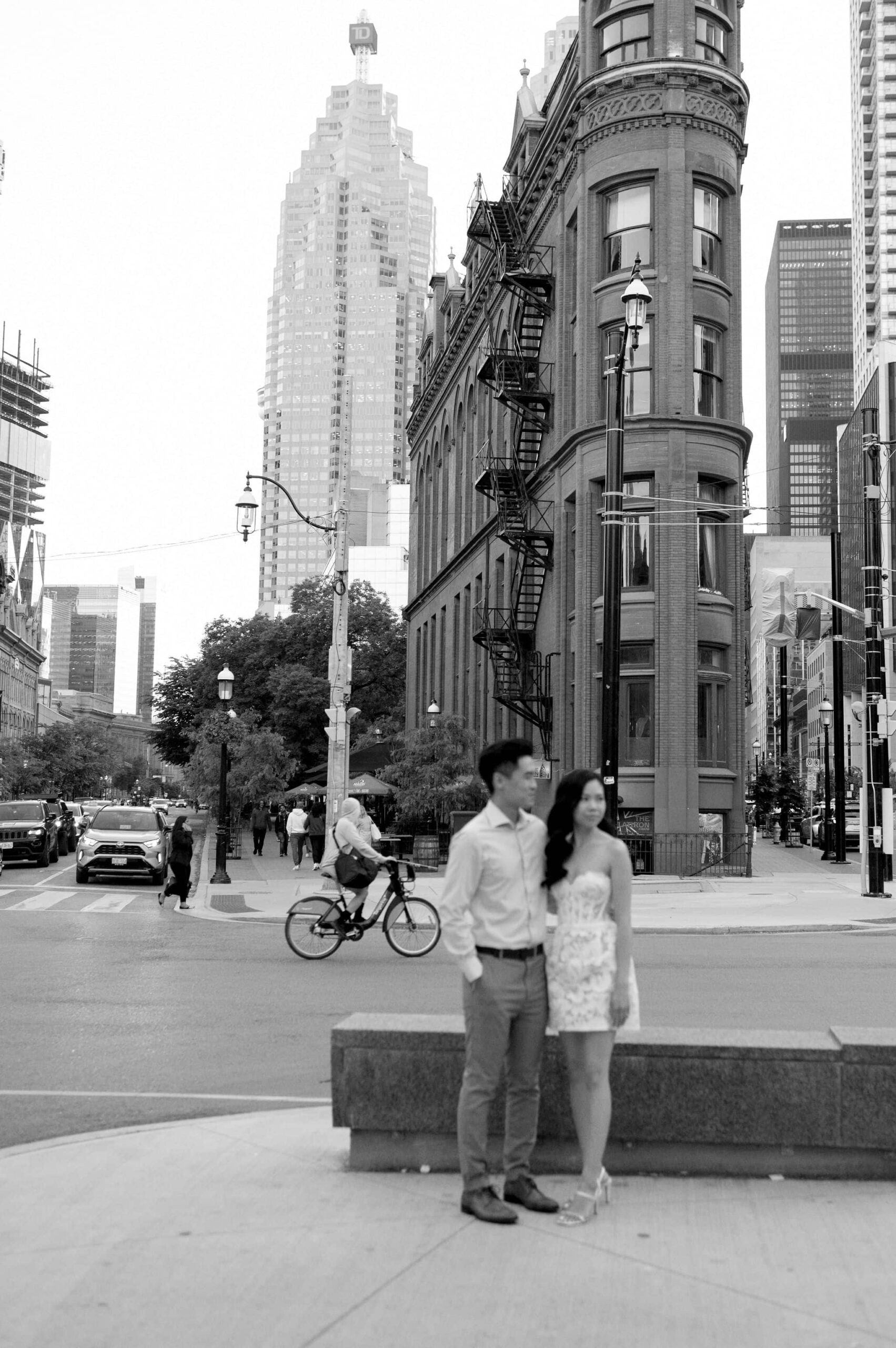 Modern editorial toronto couple romantic engagement photo session esplanade st lawrence market gooderham building