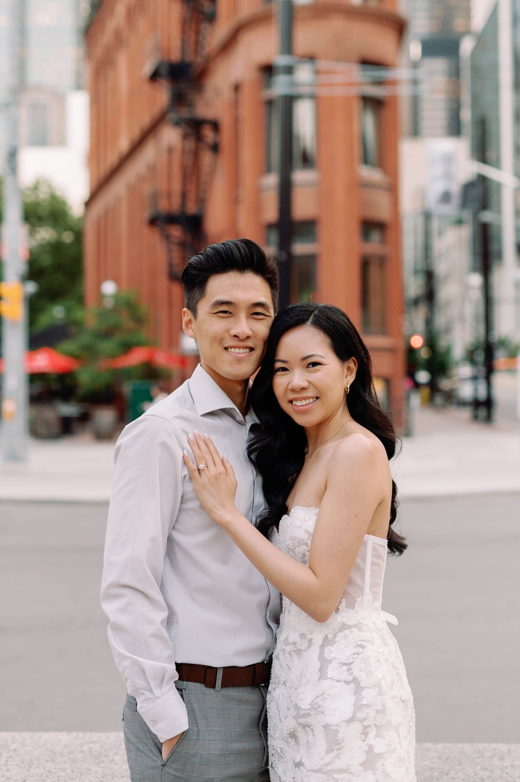 Modern editorial toronto couple romantic engagement photo session esplanade st lawrence market gooderham building