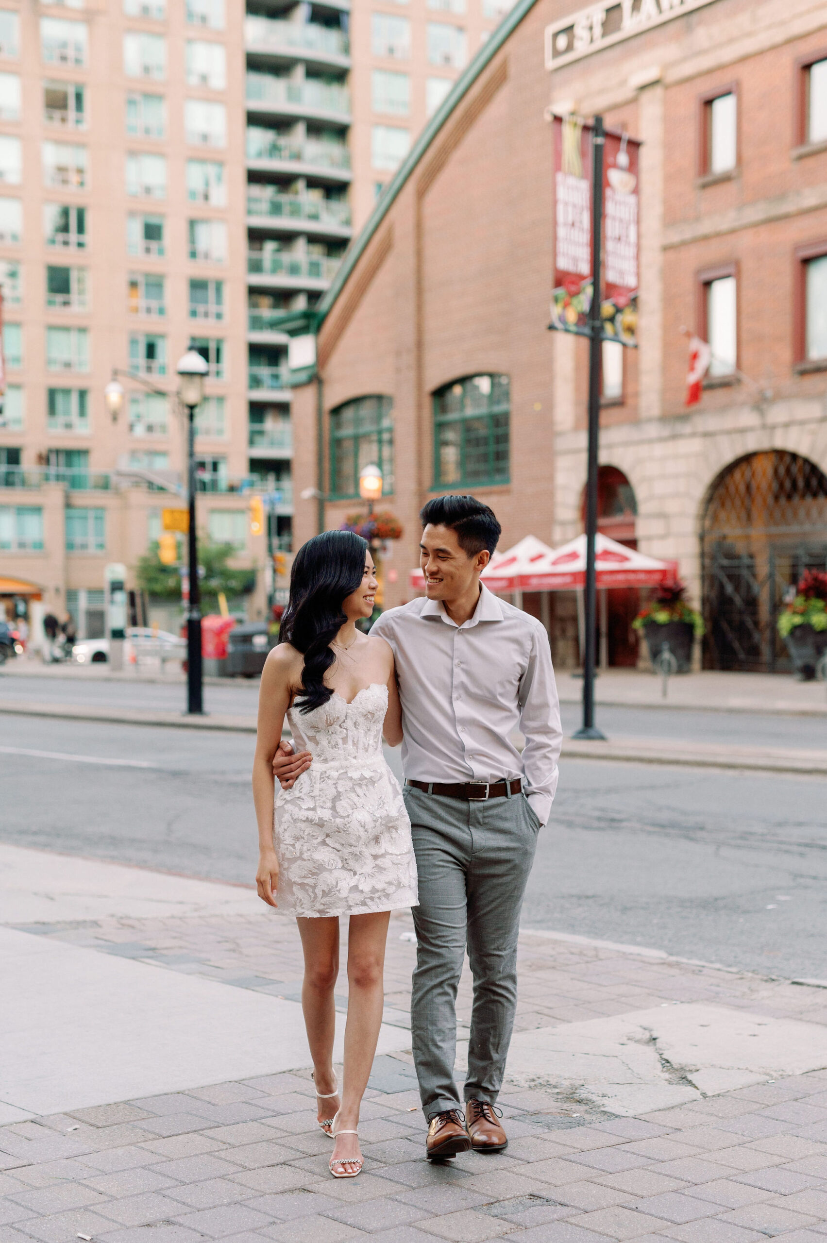 Modern editorial toronto couple romantic engagement photo session esplanade st lawrence market gooderham building