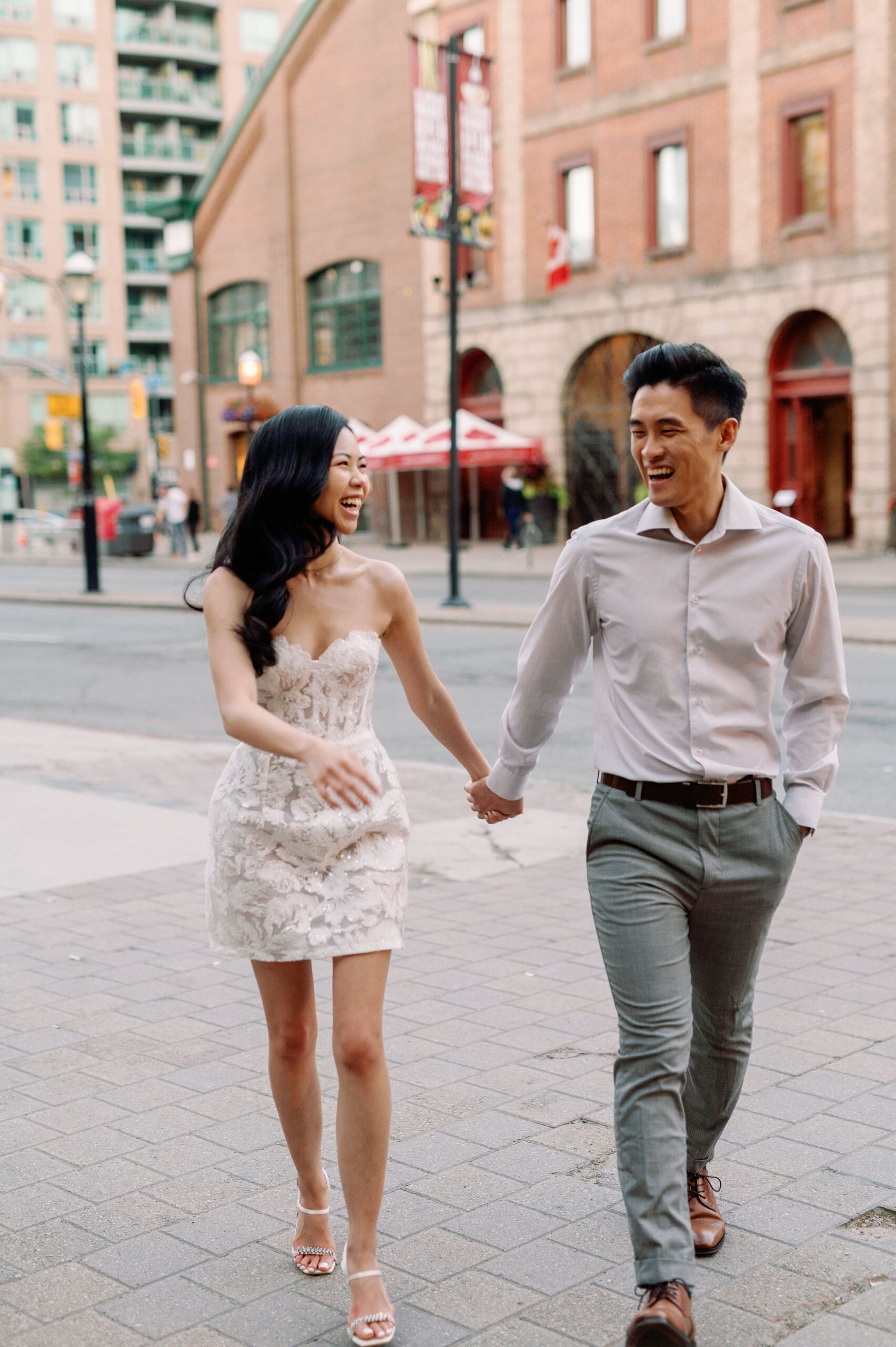 Modern editorial toronto couple romantic engagement photo session esplanade st lawrence market gooderham building