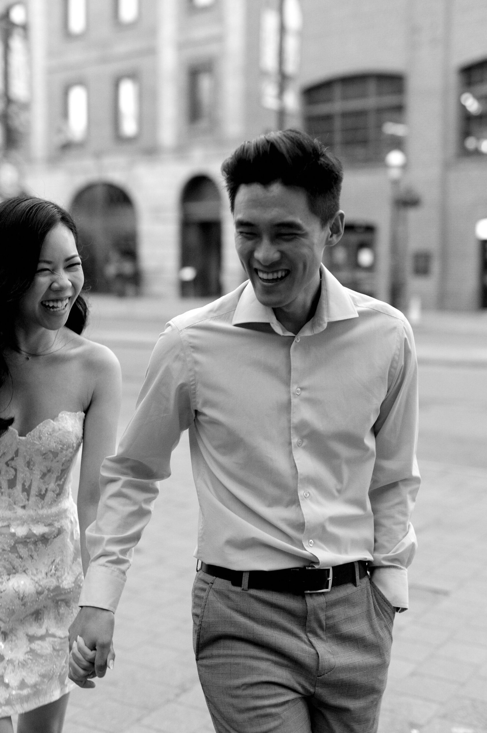 Modern editorial toronto couple romantic engagement photo session esplanade st lawrence market gooderham building