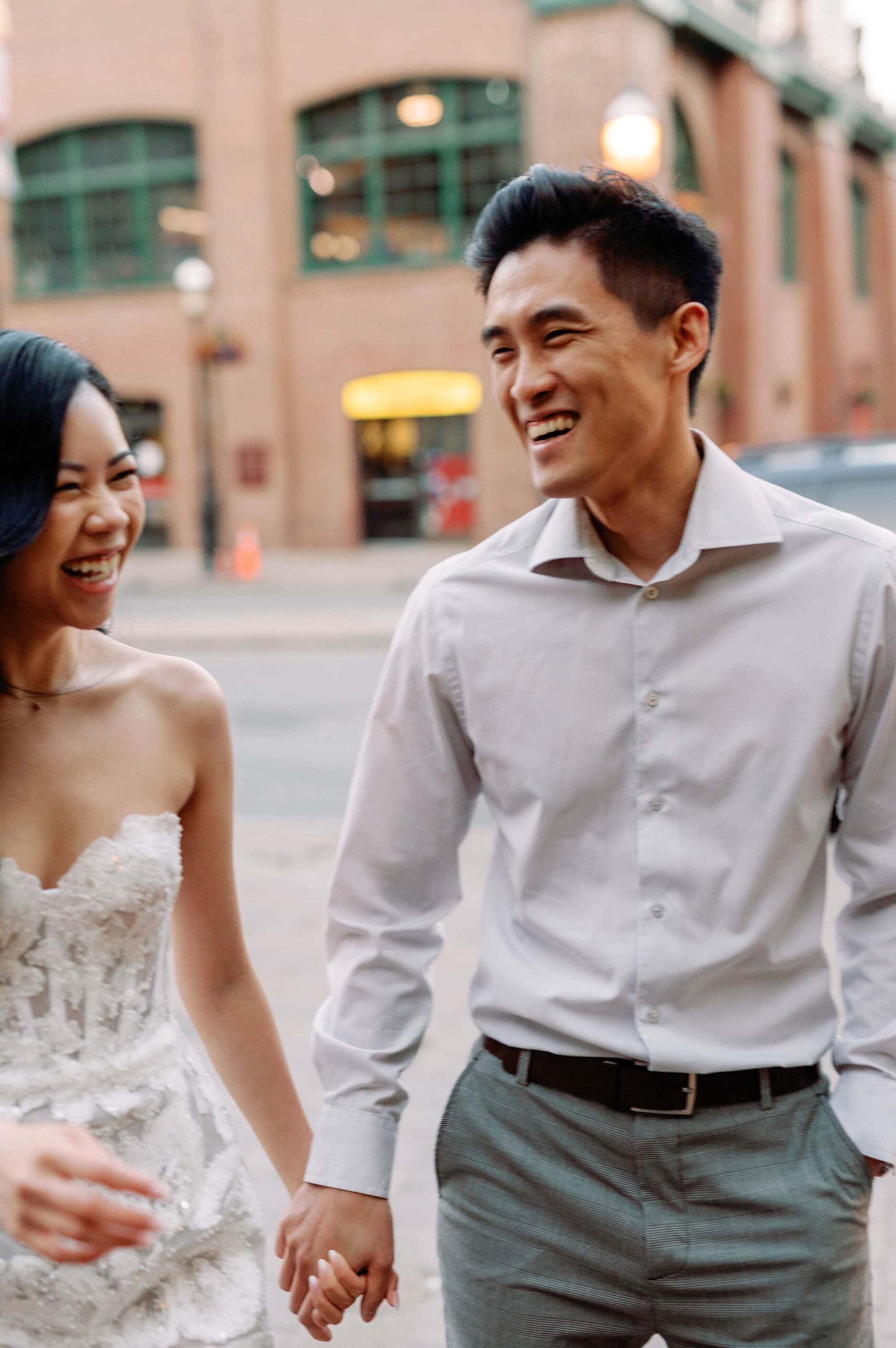 Modern editorial toronto couple romantic engagement photo session esplanade st lawrence market gooderham building