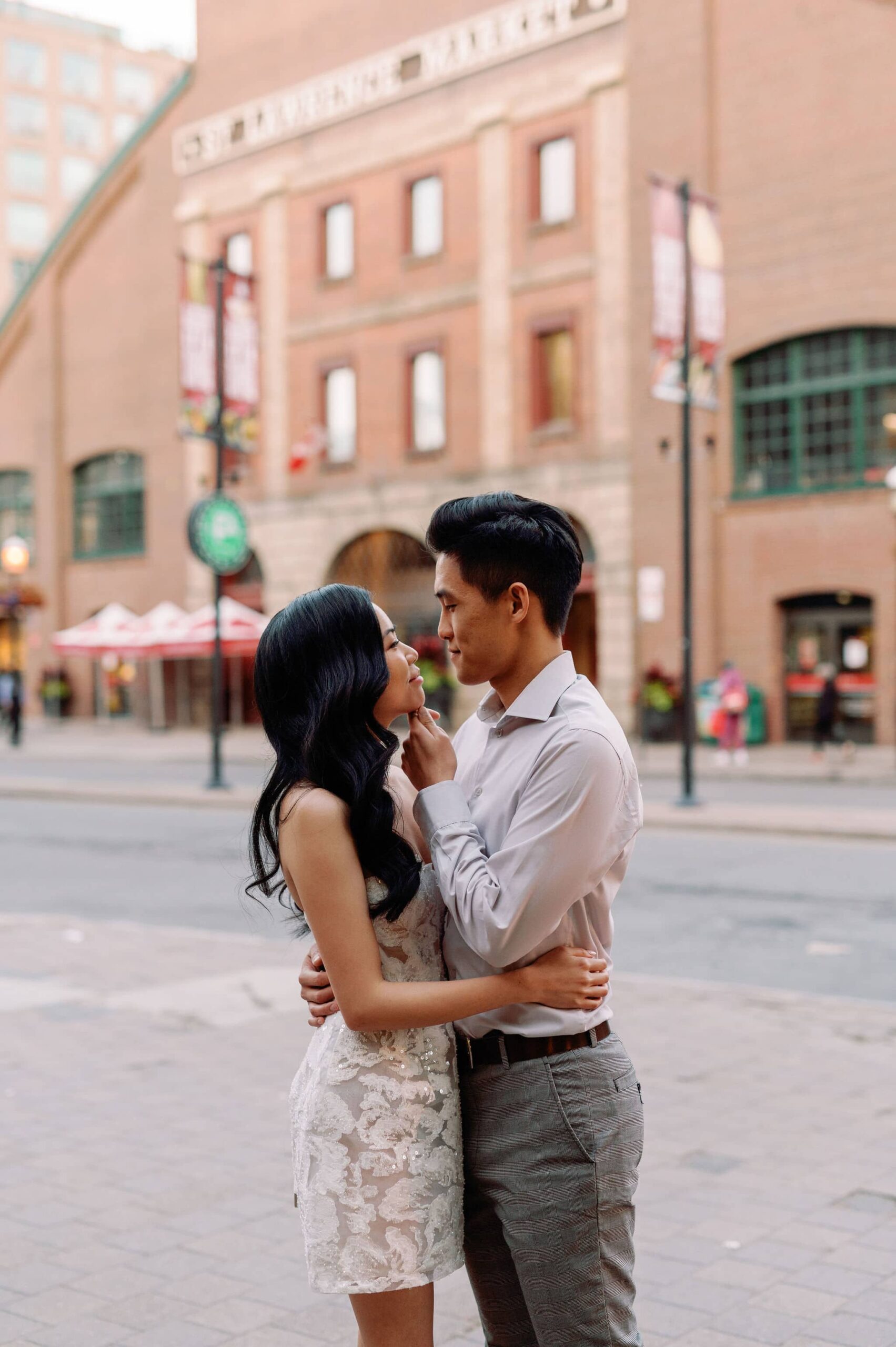 Modern editorial toronto couple romantic engagement photo session esplanade st lawrence market gooderham building