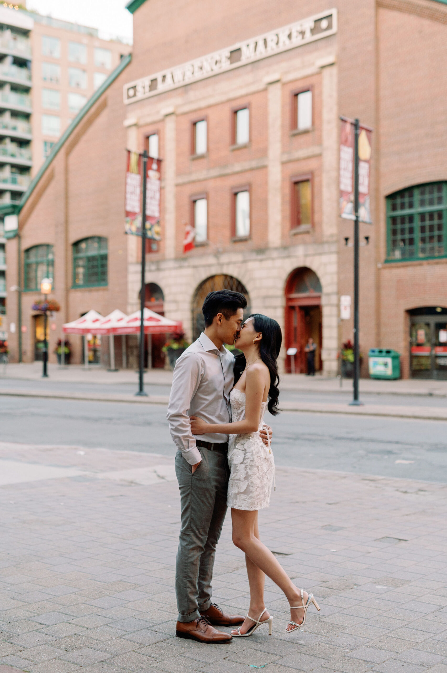 Modern editorial toronto couple romantic engagement photo session esplanade st lawrence market gooderham building