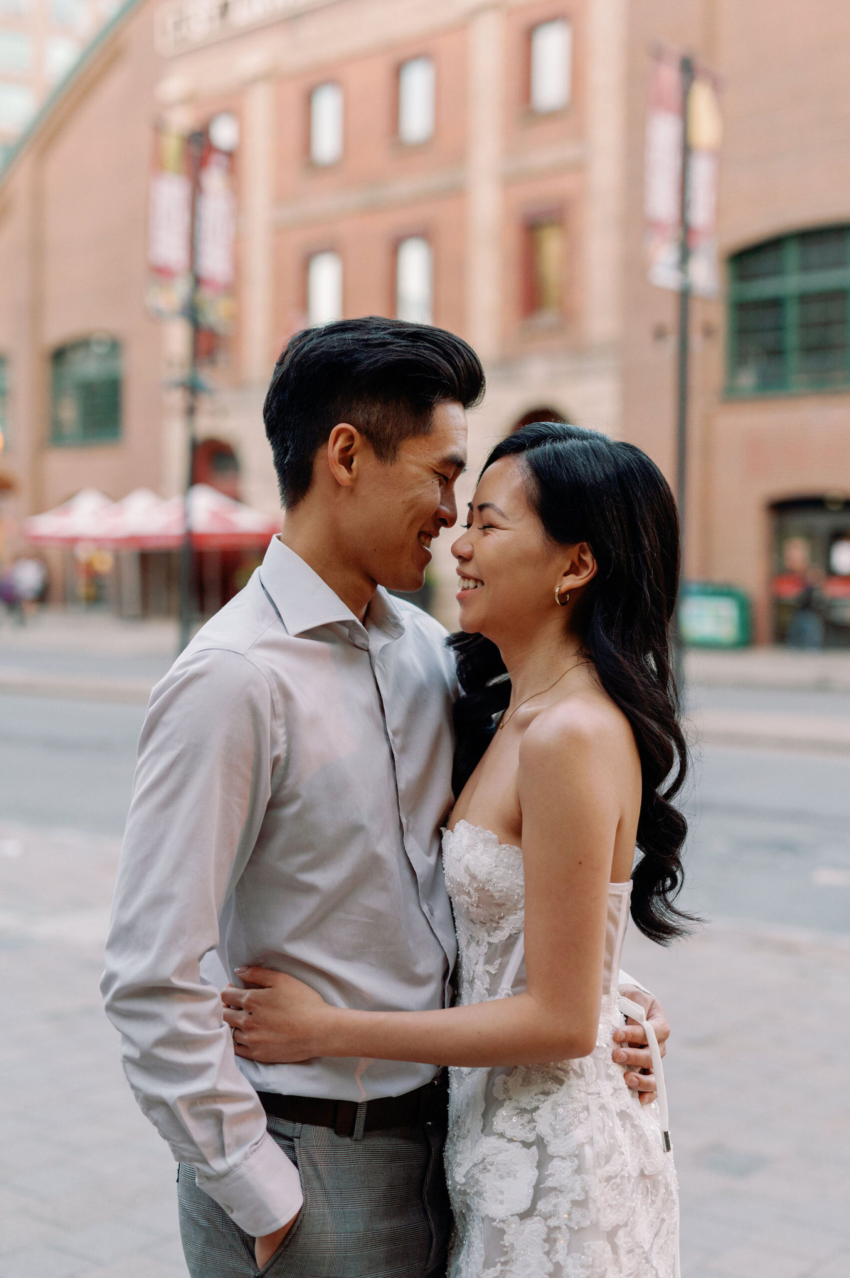 Modern editorial toronto couple romantic engagement photo session esplanade st lawrence market gooderham building