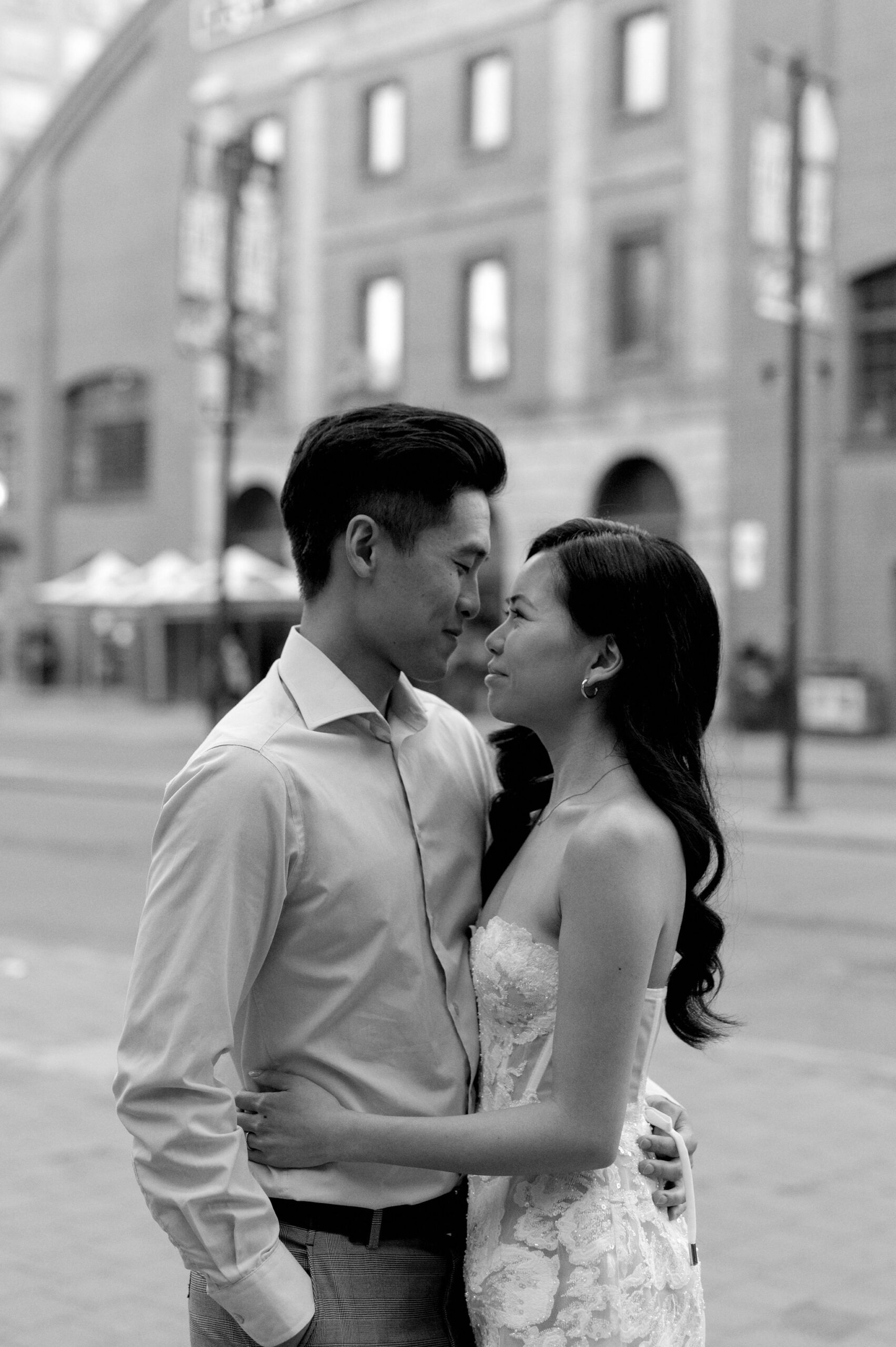 Modern editorial toronto couple romantic engagement photo session esplanade st lawrence market gooderham building