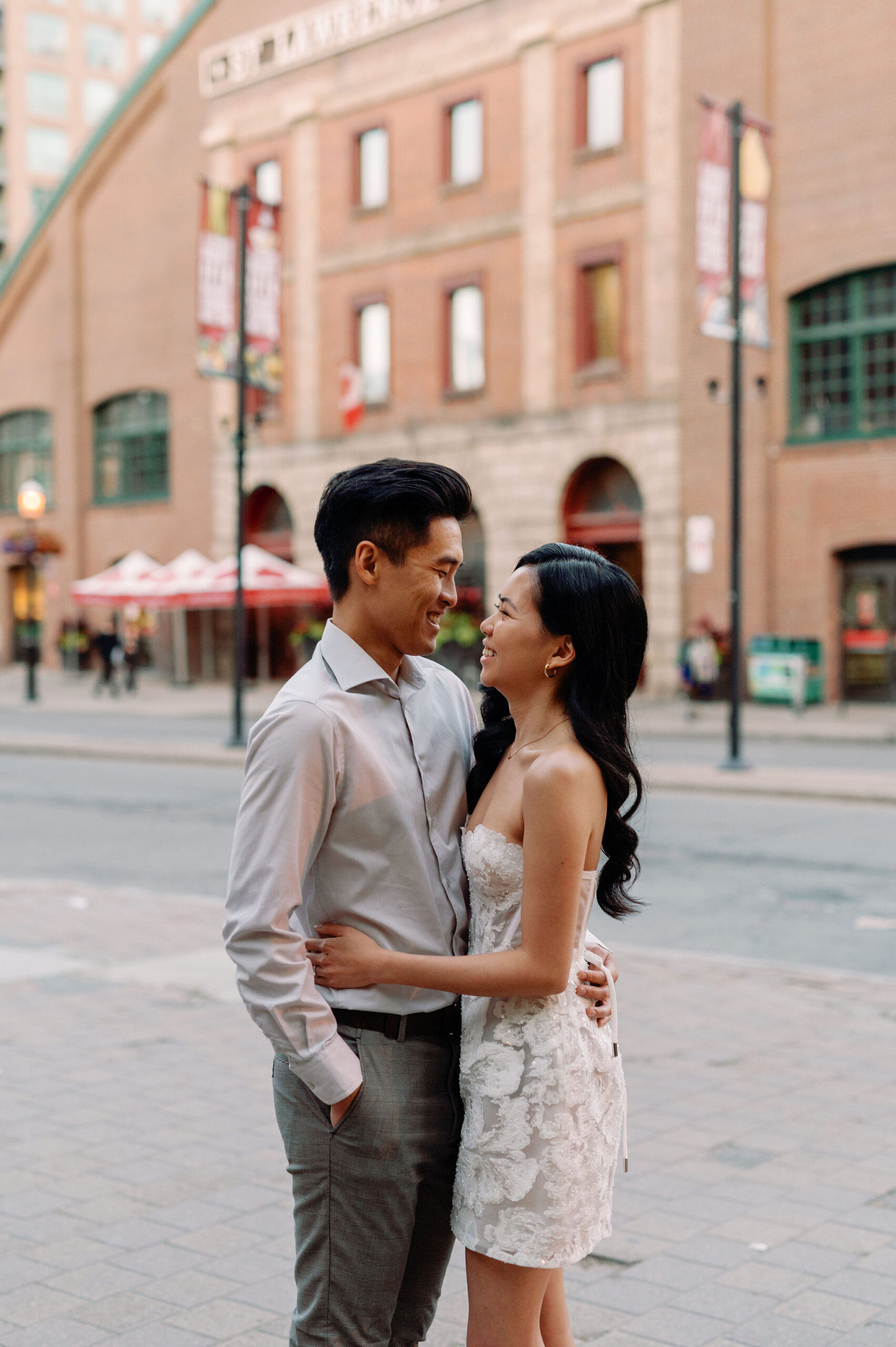 Modern editorial toronto couple romantic engagement photo session esplanade st lawrence market gooderham building