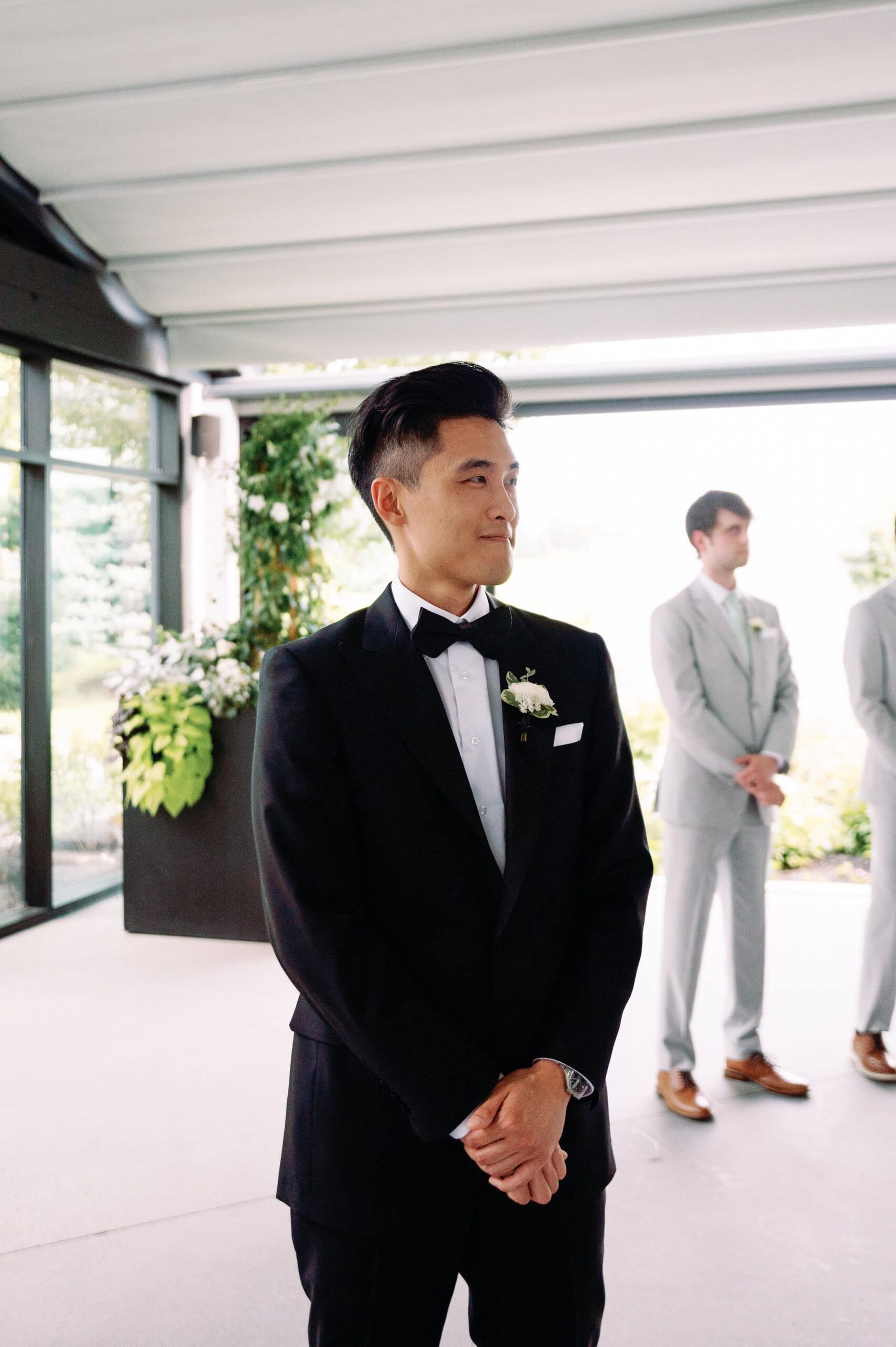 groom reaction to bride dramatic emotional entrance at ceremony at whistle bear golf club wedding cambridge