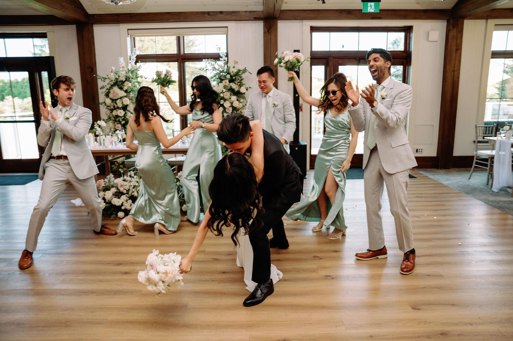 happy candid reception moment at whistle bear golf club wedding cambridge