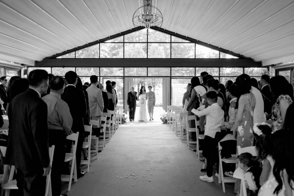 bride dramatic emotional entrance at ceremony at whistle bear golf club wedding cambridge