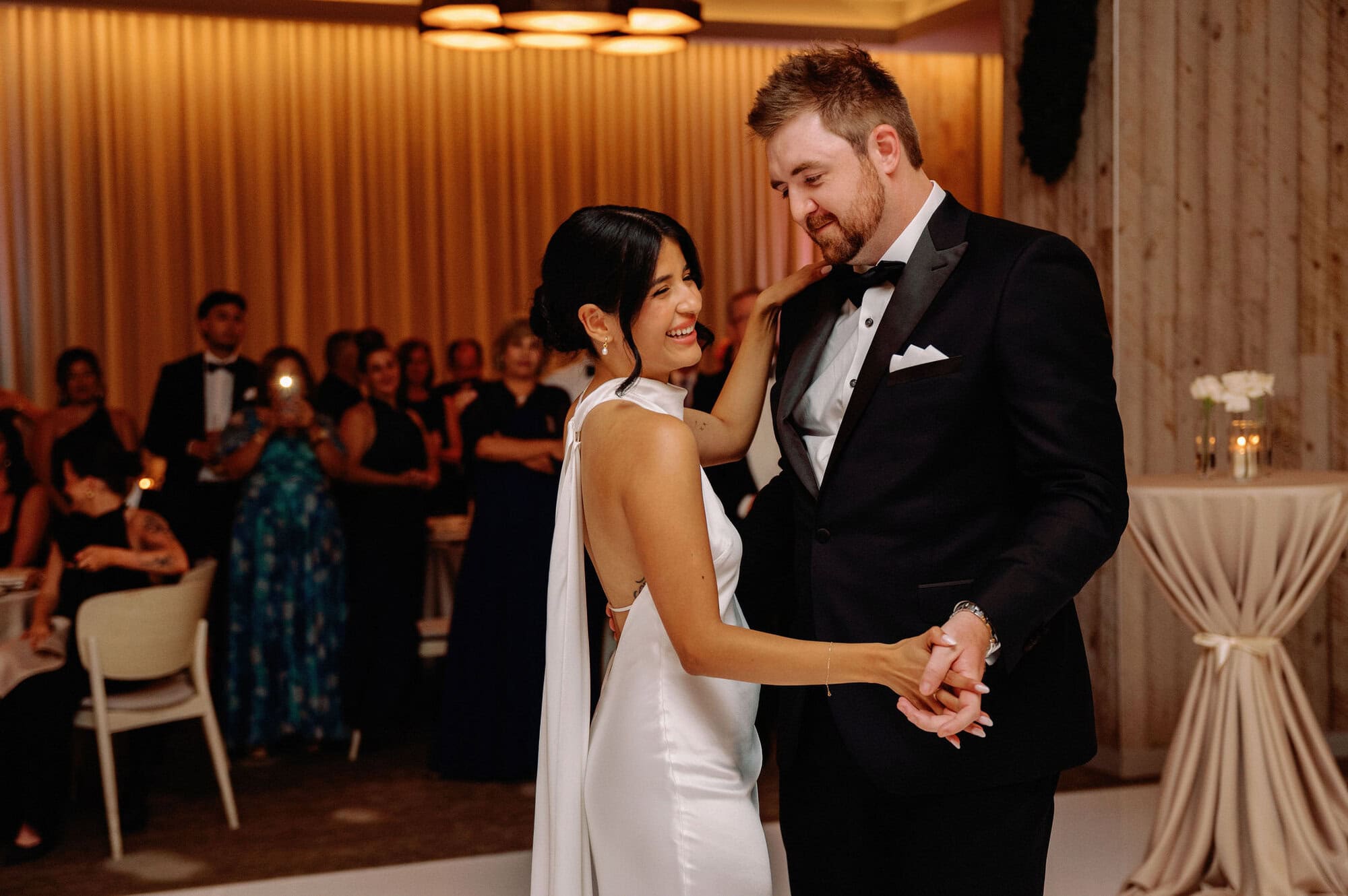 Bride and groom sharing their first dance at 1 Hotel Toronto during their modern downtown wedding